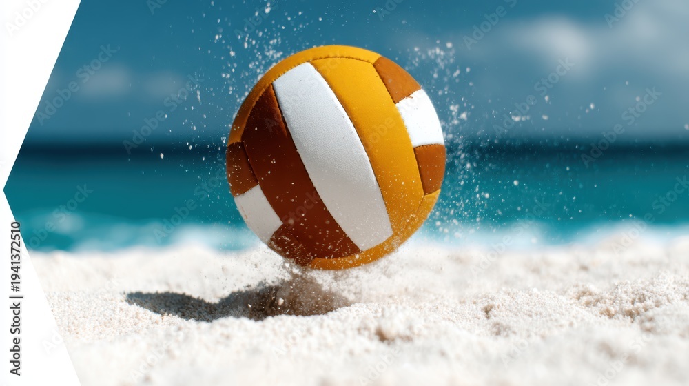 Obraz premium A bright and compelling beach volleyball bounces on sandy shores, capturing the essence of summer fun and active lifestyle by the crystal-clear ocean.