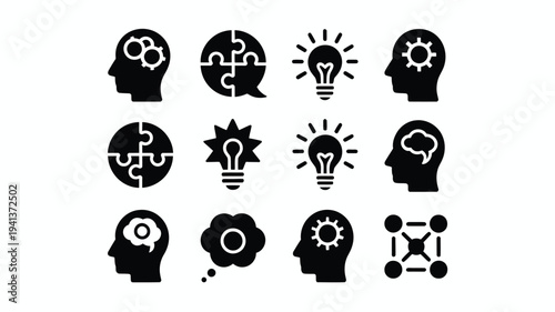 Collection of creative thinking icons with lightbulbs gears and puzzle pieces in black on white background for business and innovation concepts