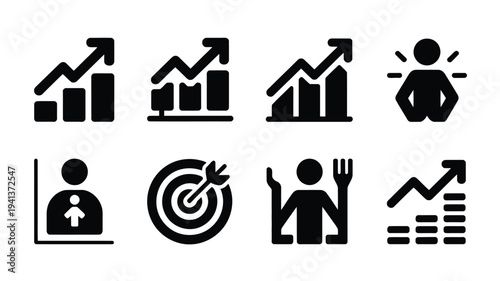 Business growth icons set black silhouettes on white background startup and success symbols infographics elements graphs and charts target and people icons professional vector