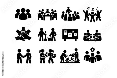 Community Living. Solid icon set of Community Living: group of people, shared dining table, community meeting, social event, collaboration, shared chores,