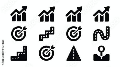 Vector icons of business growth targets and navigation on white background