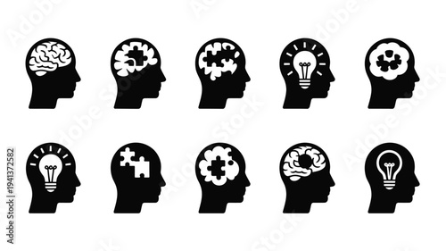Creative brainstorming concepts with silhouette heads and innovative ideas
