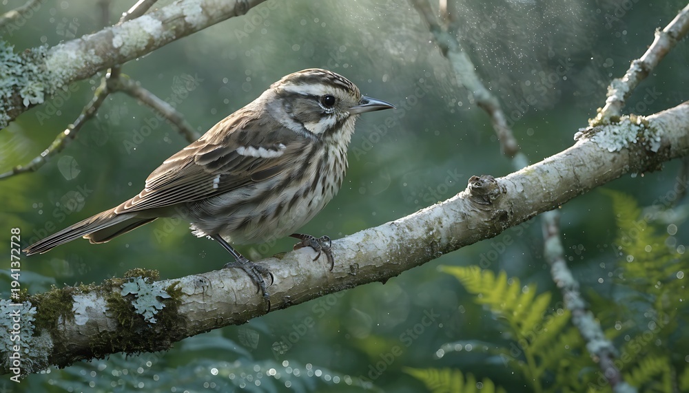 Fototapeta premium Small brown striped songbird perched on mossy branch in lush green forest sunlight