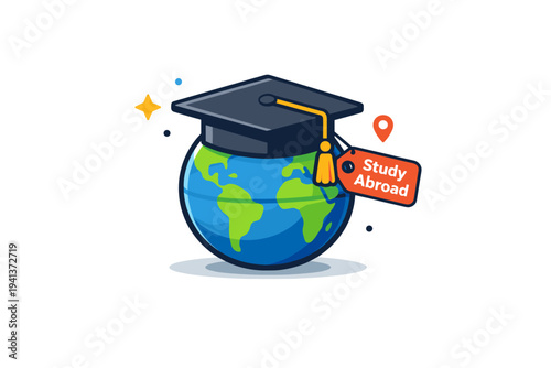 Cultural exchange scholarship supporting global education opportunities and academic mobility. A graduation cap resting on a globe with a small ?Study Abroad?