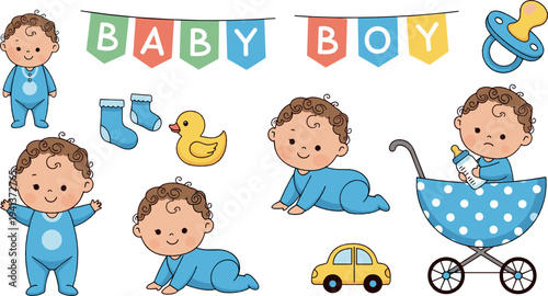 Cute baby boy vector set with crawling infant, stroller, pacifier, duck toy, socks and baby shower decoration cartoon illustration