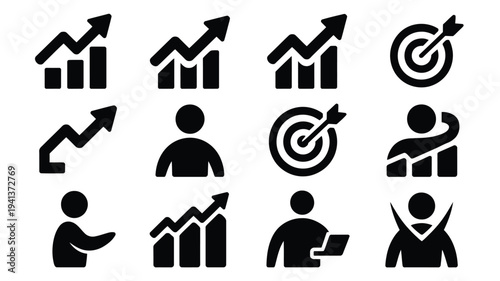 Startup growth and business success icons silhouette logo bundle with people graphs targets and arrows on white background