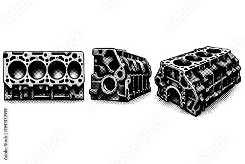 Engine cylinder block shown in front elevation, side profile, and three-quarter perspective, accurately depicting cylinder bores, coolant channels, and