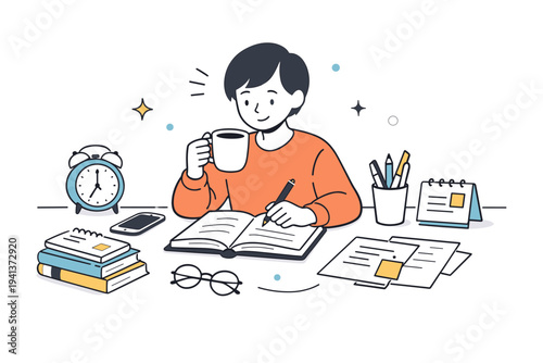 Daily study routine. A person studying with a cup of coffee and neatly arranged materials, showing consistency and motivation. Relaxed rhythm with soft