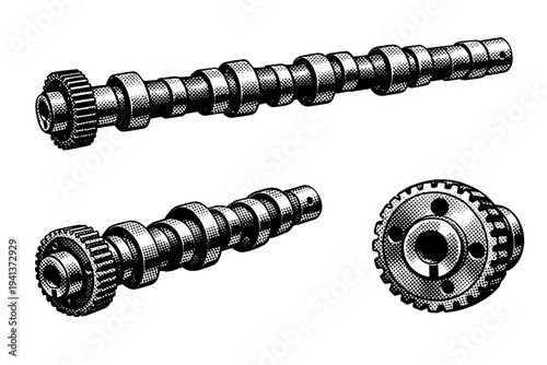 Camshaft displayed in full side profile, three-quarter angle, and detailed end view, accurately showing cam lobes, journals, and rotational structure. Black