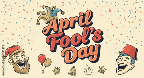 Two smiling men in jester hats celebrate april fool's day with confetti and balloons