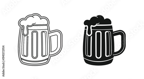 Contrast between frothy beer and dark stout in traditional mugs