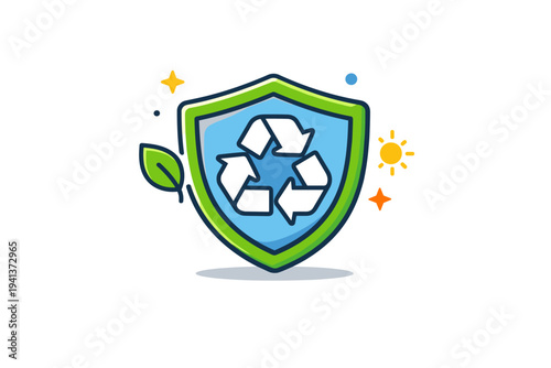 Recycling symbols highlighting environmental responsibility, a protective shield shape containing a recycle sign and tiny spark elements that convey care for