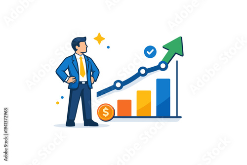 Financial analyst growth chart represented by a character confidently observing a stable upward trend endpoint, conveying long term growth, trust,