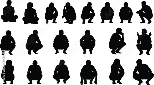 Set of black silhouettes featuring people in various squatting sitting and crouching poses for urban lifestyle casual human behavior and architectural scale figure vector design