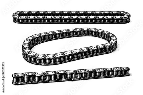 Engine timing chain presented extended straight, partially looped, and in side profile view, maintaining accurate link proportions and mechanical detail. Black