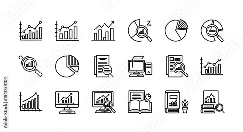 Collection of icons representing data analysis, business intelligence, and digital research tools
