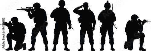 Set of Black Soldier Silhouettes in Tactical Combat Poses Including Saluting Kneeling and Aiming Rifles for Military Veterans Day and Security Design Projects
