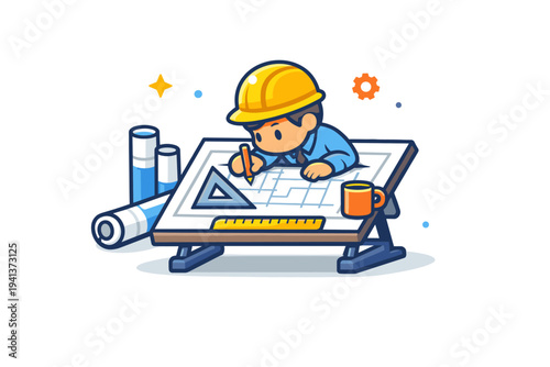 Architect blueprint desk showing a focused mini character leaning over a drafting table with rolled plans, ruler, and scale marks, expressing precision,