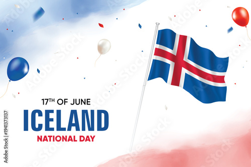Iceland National Day. Iceland Flag Waving With Floating Balloons On Watercolor Grunge Backgorund Design Vector Illustration.
