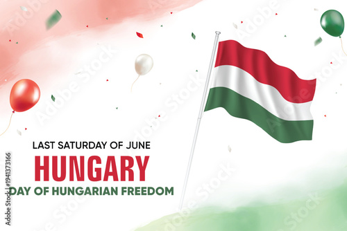 Day Of Hungarian Freedom. Hungary Flag Waving With Floating Balloons On Watercolor Grunge Backgorund Design Vector Illustration.