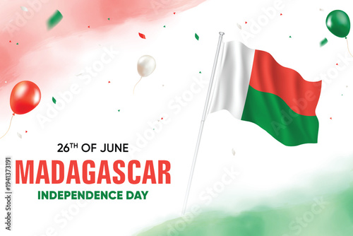 Madagascar Independence Day. Mozambique Flag Waving With Floating Balloons On Watercolor Grunge Backgorund Design Vector Illustration.