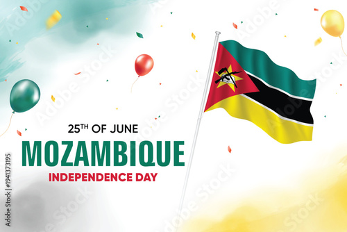 Mozambique Independence Day. Mozambique Flag Waving With Floating Balloons On Watercolor Grunge Backgorund Design Vector Illustration.