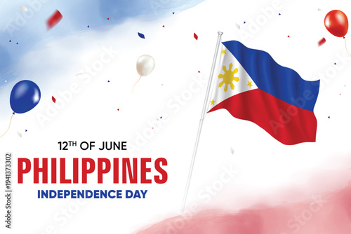 Philippines Independence Day. Philippines Flag Waving With Floating Balloons On Watercolor Grunge Backgorund Design Vector Illustration.