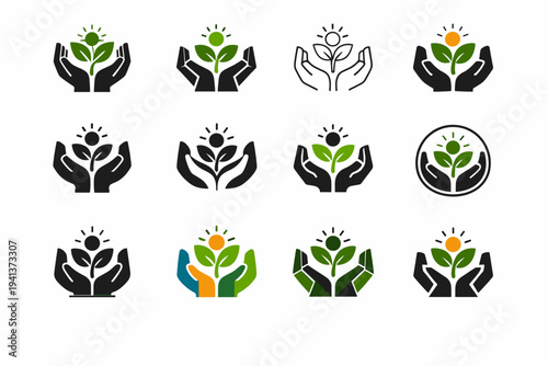 Environmental activism. Icon set. Set Logo of Environmental activism: hands protecting nature. harmonious logo variations of the same emblematic concept, each