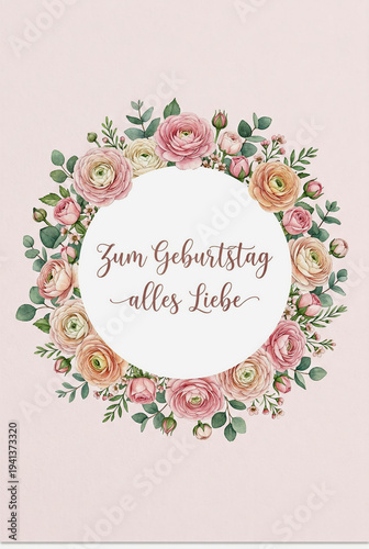 Round pastel floral wreath birthday card with german greeting zum geburtstag alles liebe on soft pink background for invitation and stationery design