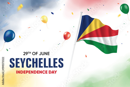 Seychelles Independence Day. Seychelles Flag Waving With Floating Balloons On Watercolor Grunge Backgorund Design Vector Illustration.