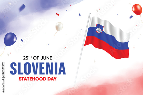 Slovenia Statehood Day. Slovenia Flag Waving With Floating Balloons On Watercolor Grunge Backgorund Design Vector Illustration.