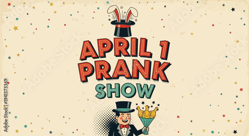 Man in top hat holds cocktail at april 1 prank show with confetti and colorful dots on beige background