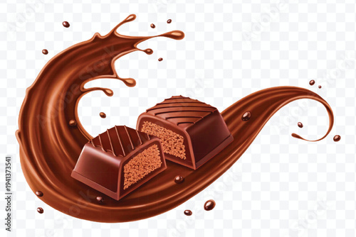 realistic 3d chocolate bar into liquid chocolate splash with bubbles in curve style isolated on transparent background
