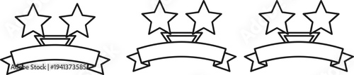 Set of blank prize ribbon banners with two stars line art illustration isolated on white background for award ceremony victory achievement and celebration design