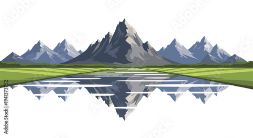 Serene landscape with many people implied in distance, majestic mountain range reflected in calm lake water, surrounded by lush green grass, with a clear white background, conveying a sense
