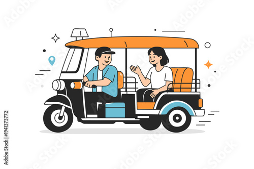 Daily life transport. A driver and passenger inside a tuk-tuk, friendly interaction and calm expressions, minimal street details around. The illustration