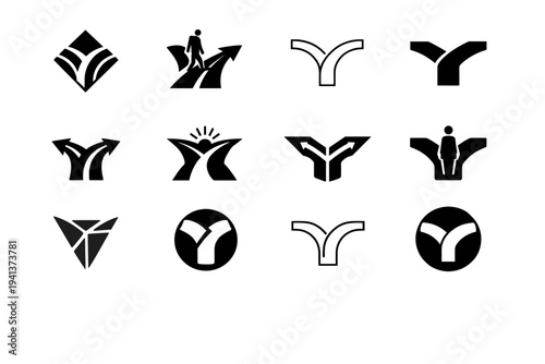 Life-altering realization. Icon set. Set Logo of life-altering realization: split path crossroads. harmonious logo variations of the same emblematic concept,