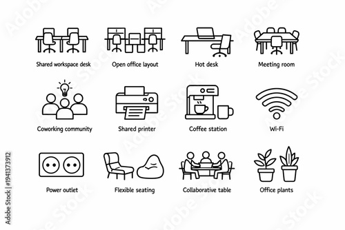 Co-working Spaces. Line icon set of Co-working Spaces: shared workspace desk, open office layout, hot desk, meeting room, coworking community, shared printer,