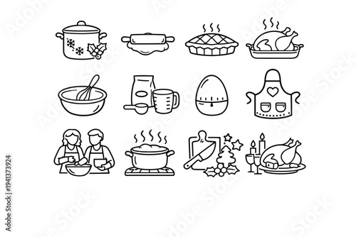 Holiday Cooking. Line icon set of Holiday Cooking: festive cooking pot, rolling dough, baking pie, roasting turkey, mixing bowl, measuring ingredients, kitchen