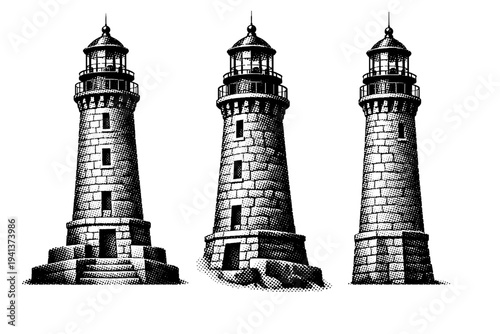 Lighthouse ? stone masonry lighthouse. A traditional stone masonry lighthouse with stepped base and upper lantern depicted as one isolated object displayed in