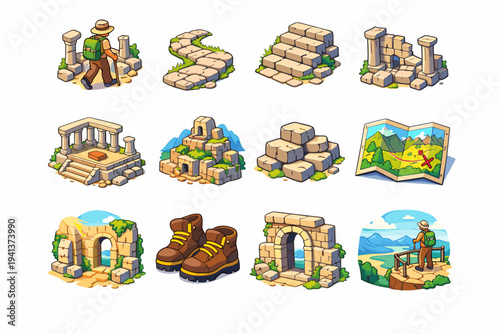 Historic Ruins Journey. Colorful isometric vector icons set of Historic Ruins Journey: traveler walking ruins, stone pathway, ancient steps, ruined wall,