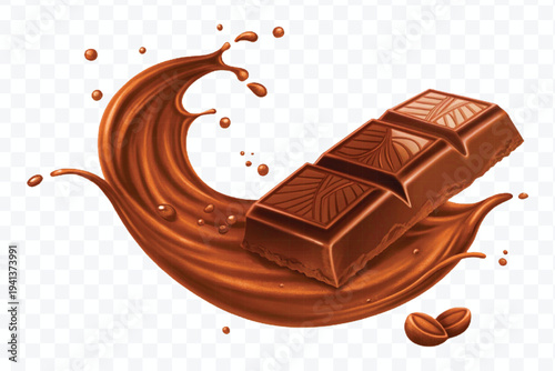 realistic 3d chocolate bar into liquid chocolate splash with bubbles in curve style isolated on transparent background