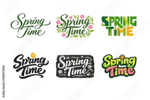 Spring Time. Set lettering. harmonious lettering variations of the same emblematic concept, each with different artistic interpretation (Elegant script with