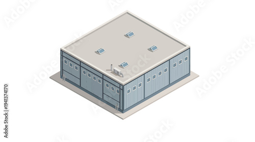 Isometric view of a modern warehouse building with a flat roof and a small antenna on top, suitable for logistics and storage concepts