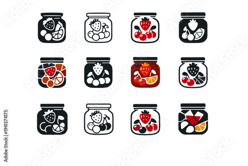 preserved fruits. Icon set. Set Logo of preserved fruits: fruit jar lid emblem. harmonious logo variations of the same emblematic concept, each with different