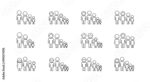 Various family groups depicted in simple stick figure illustrations with diverse compositions