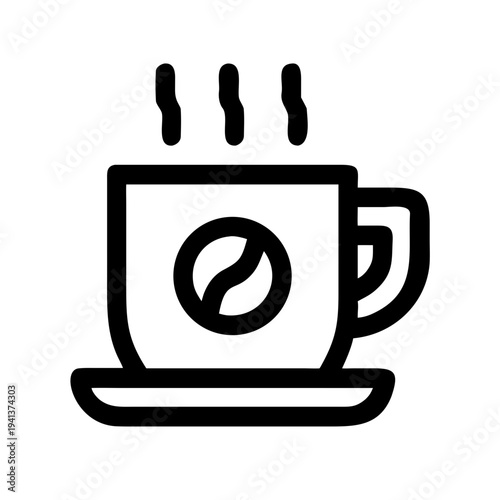 A steaming coffee cup with a coffee bean logo on a saucer isolated on white background, Vector