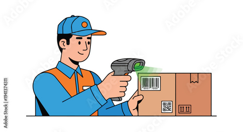 Delivery worker scanning a barcode on a cardboard box with a handheld scanner in a warehouse setting with many people.