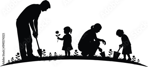 Family gardening silhouette with parents and children planting flowers together in garden isolated vector illustration
