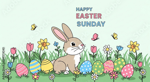 Brown bunny sitting among colorful easter eggs and flowers on green grass with butterflies celebrating happy easter sunday